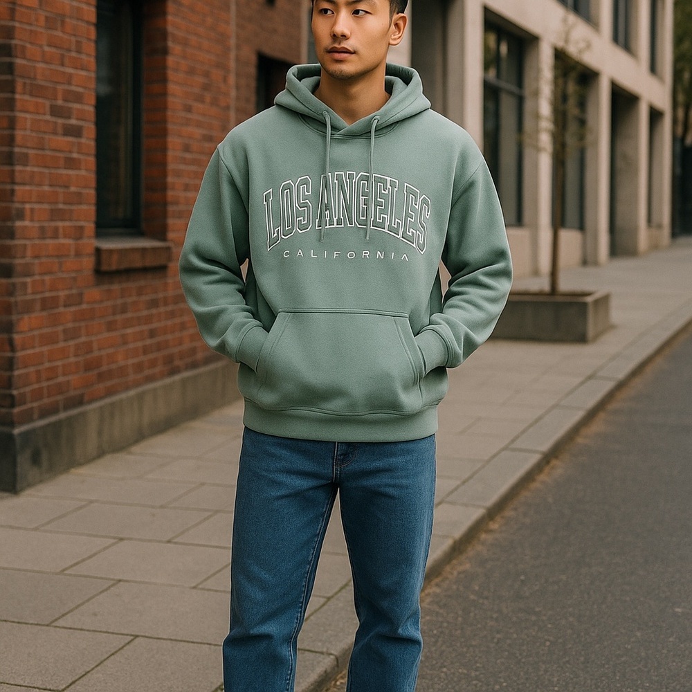 🤑 5/$25 SHEIN Los Angeles California Green Kangaroo Pocket Hoodie Sweatshirt
